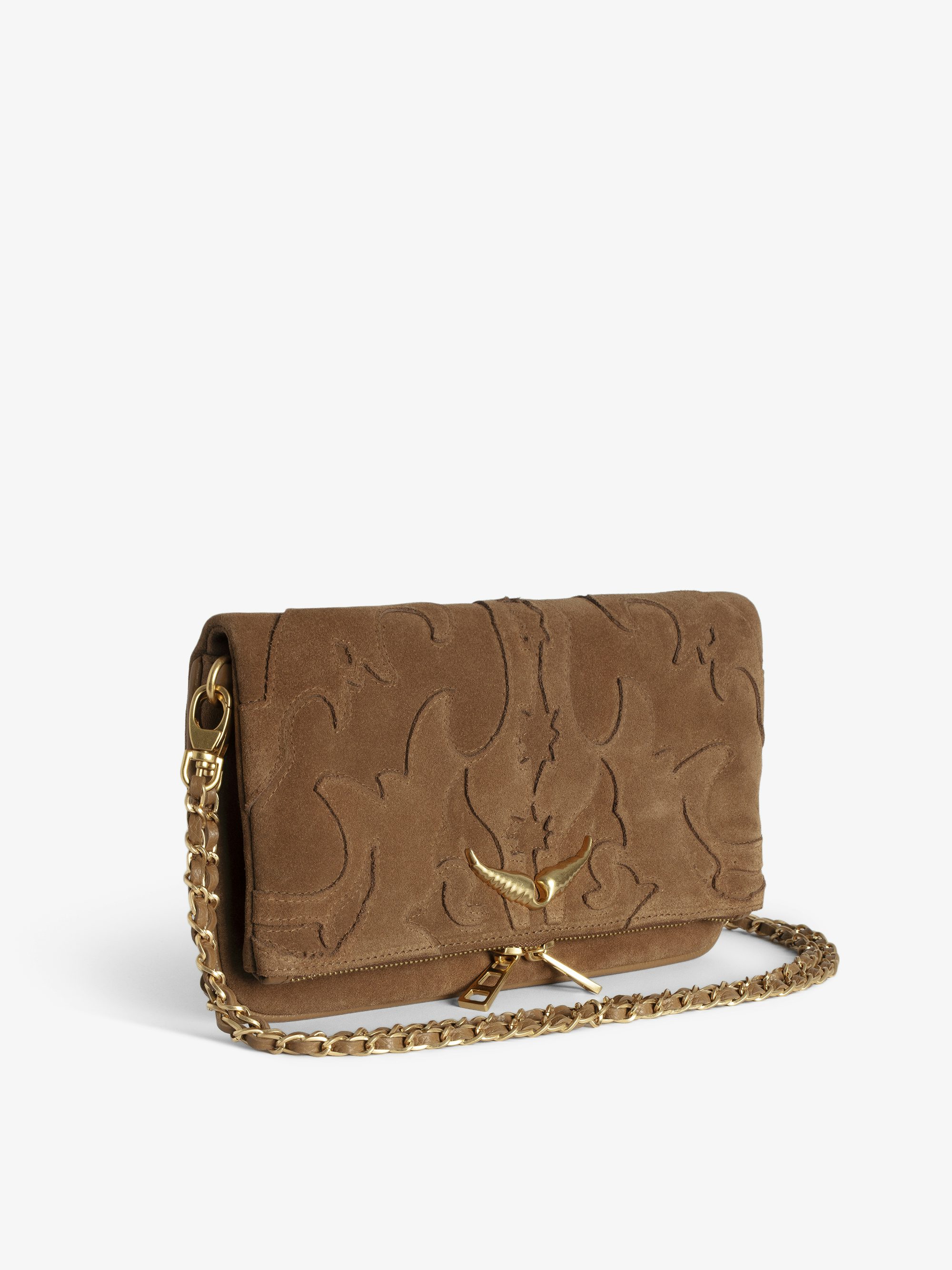 Rock Suede Clutch - Western suede leather clutch with double chain and wing signatures.